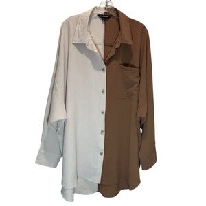 Davi & Dani Two-Toned Cream and Brown Oversized Button-up Blouse - Size 2X